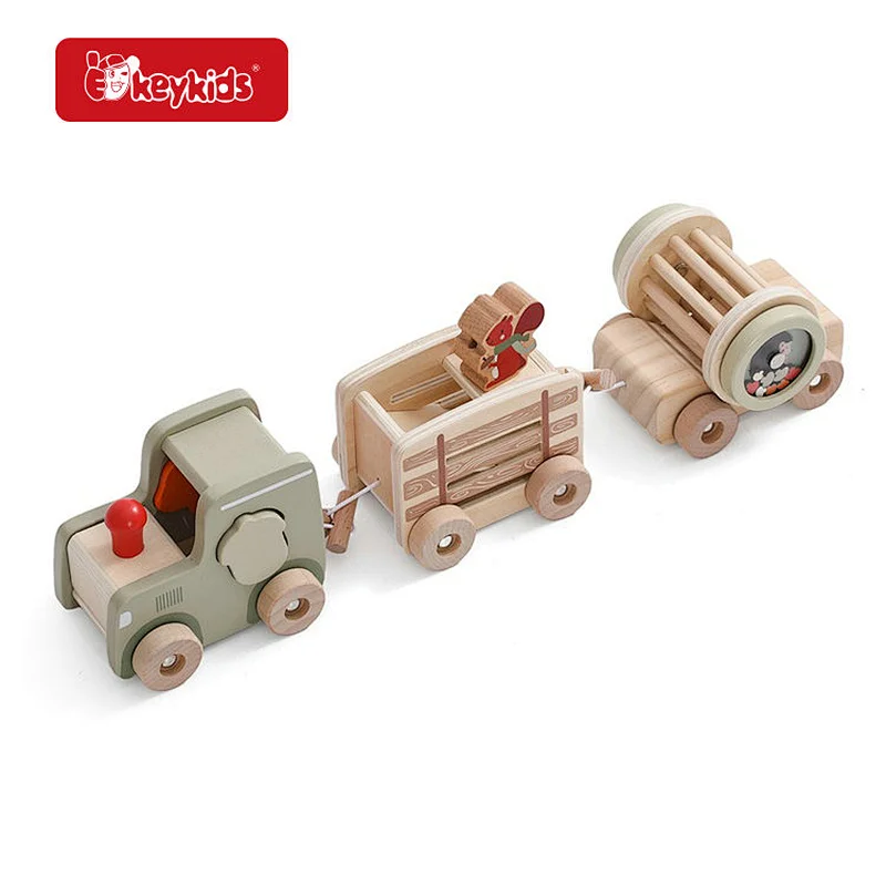 Montessori Multifunctional Wooden Train Toy Set -DIY Building Blocks & Pull-Along Crawling Car for Babies & Toddlers W04A676